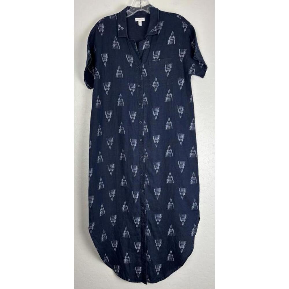 Garnet Hill Shirt Dress 100% Linen Midi Coastal S Blue 1666